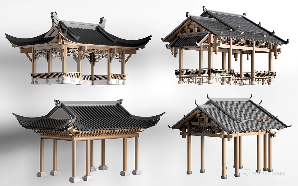Traditional Chinese Garden Pavilion with Intricate Wooden Structure and Black Tile Roof 3d model 