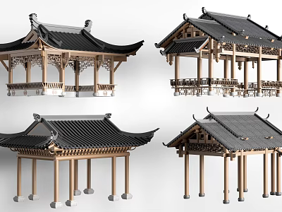 Traditional Chinese Garden Pavilion with Intricate Wooden Structure and Black Tile Roof 3d model