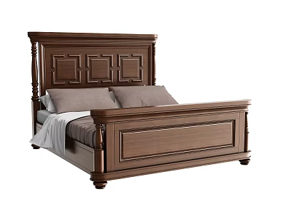 Traditional Wooden Double Bed with Carved Headboard Comfortable Pillows and Blanket 3d model