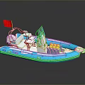 Blue and White Inflatable Boat Featuring Red Flag Yellow Gear Transparent Windscreen for Water Transport