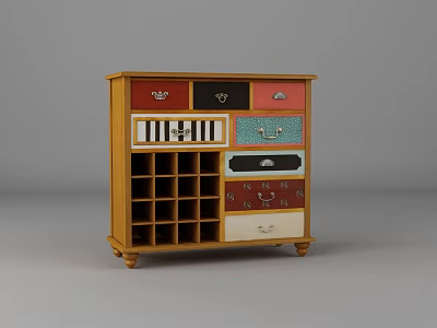 Colorful Wooden Wine Cabinet With Multiple Drawers Decorative Handles And Storage Compartments 3d model