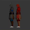Men Wearing Red and Silver Traditional Samurai Armor Standing Full Body