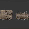 Multiple Dilapidated Wooden Building Ruins With Broken Roofs And Weathered Logs