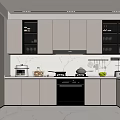 Modern Kitchen Interior With Gray Cabinets White Marble Countertops Built-in Appliances And Open Shelves