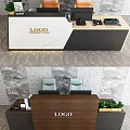 Modern Reception Desk With Marble Countertop And Gold Logo Display On Patterned Wall Panel 3d model