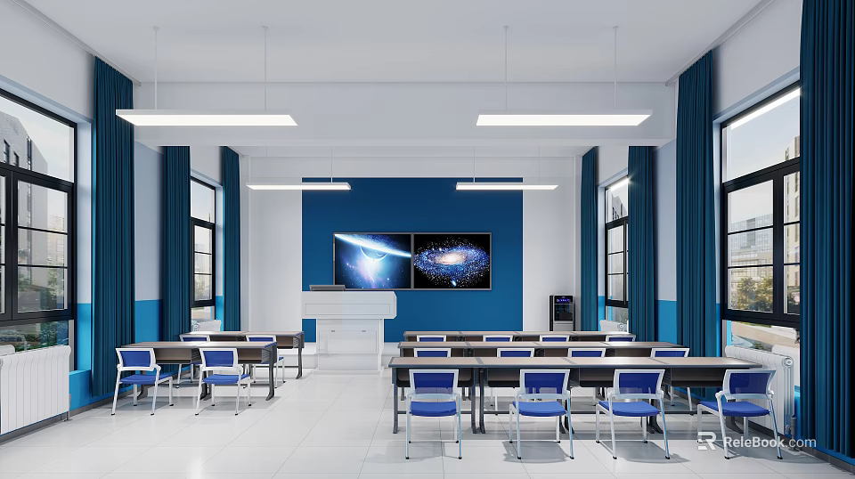 School Classroom With Blue Walls Projection Screen Starry Sky Desks Chairs Windows And Ceiling Lights 3d model 