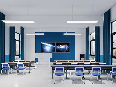 School Classroom With Blue Walls Projection Screen Starry Sky Desks Chairs Windows And Ceiling Lights 3d model