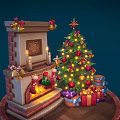 Festive Christmas Scene With Decorated Fireplace Burning Fire Christmas Stockings Tree And Gifts