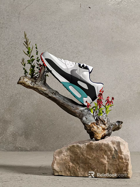 Stylish White Black Green Sneaker Placed On Tree Branch With Red Flowers And Gray Background 3d model 