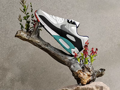 Stylish White Black Green Sneaker Placed On Tree Branch With Red Flowers And Gray Background 3d model