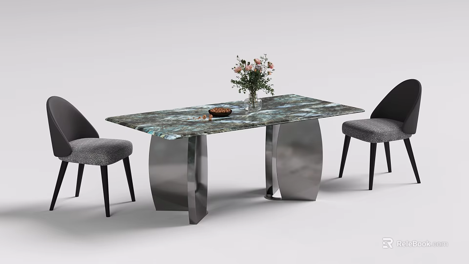 Contemporary Table and Chair Set Featuring Marble Top Metal Legs Black Backrest Grey Cushion 3d model 
