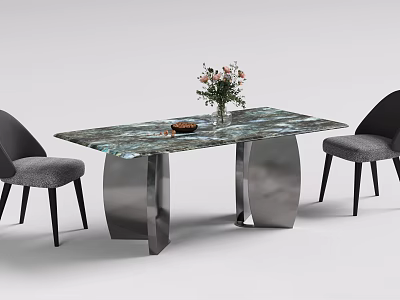 Contemporary Table and Chair Set Featuring Marble Top Metal Legs Black Backrest Grey Cushion 3d model