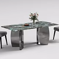 Contemporary Table and Chair Set Featuring Marble Top Metal Legs Black Backrest Grey Cushion