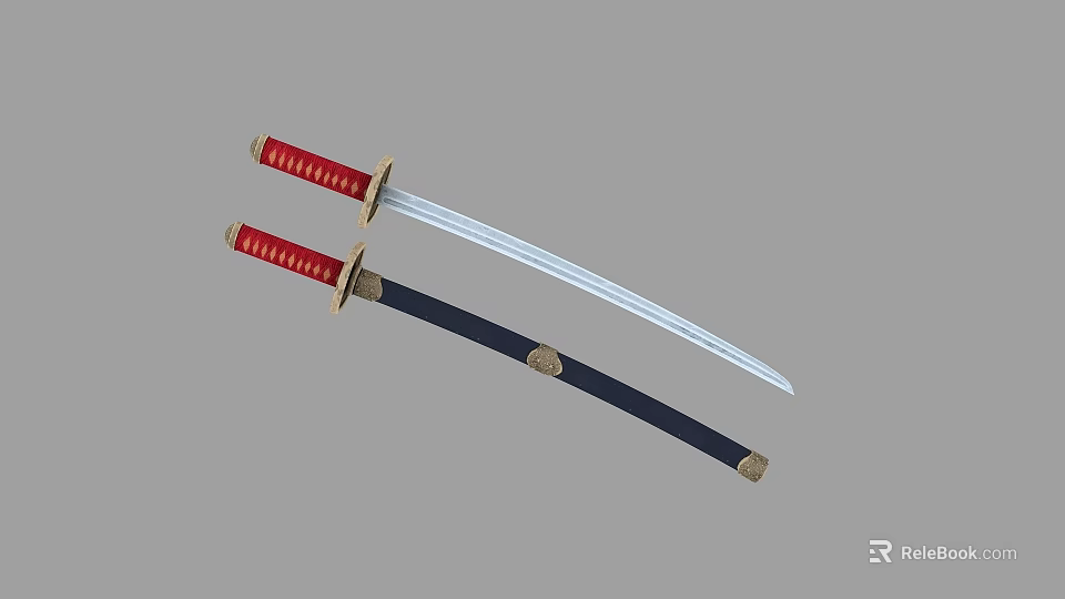 Pair of Traditional Samurai Swords With Red Handles Gold Accents And Black Scabbard 3d model 