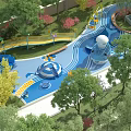 Park Landscape Featuring Curved Blue Water Play Slides Green Lawns And Pink Flowering Trees