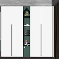 Modern White Wardrobe Interior With Green Accent Shelves And Decorative Ornaments