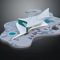 Futuristic Modern Architectural Model Featuring Geometric Shapes White Green Structure And Blue Pools