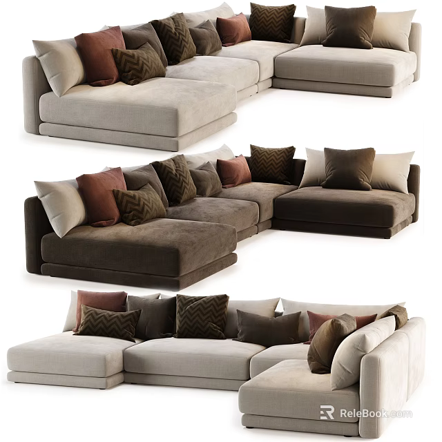 Stylish Sectional Sofa With Multiple Cushions In Neutral And Brown Tones 3d model