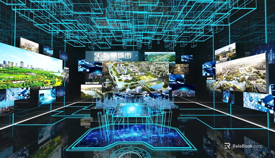 5G Smart City Digital Exhibition With Multiple Screens Showing Urban Landscape And Tech 3d model 