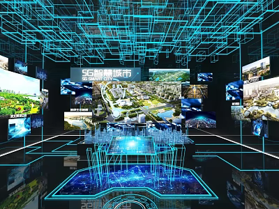 5G Smart City Digital Exhibition With Multiple Screens Showing Urban Landscape And Tech 3d model