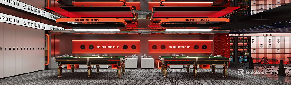 Modern DG Billiard Club Interior With Red Walls Billiard Tables And Sofas 3d model 