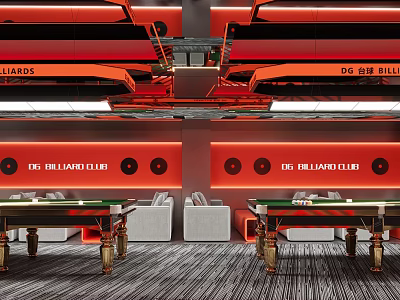 Modern DG Billiard Club Interior With Red Walls Billiard Tables And Sofas 3d model
