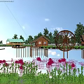 Garden Landscape With Water Lotus Flowers Traditional Thatched Huts Large Water Wheel And Wooden Boat