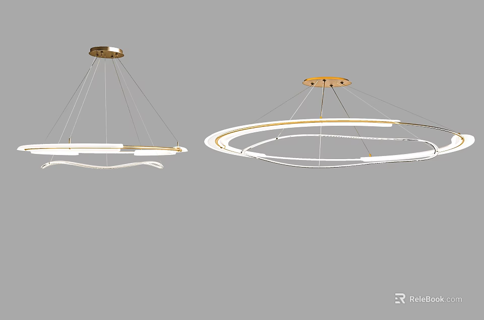 Modern Chandeliers Featuring Circular White Light Rings And Metallic Ceiling Mounts 3d model