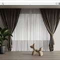 Dark Brown Curtains With White Sheer Panels And Green Plant In Modern Interior