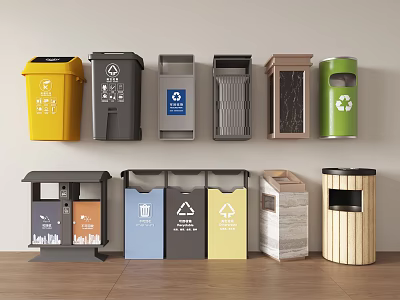 Public Facilities Trash Bins For Waste Sorting With Different Colors And Recycling Signs 3d model
