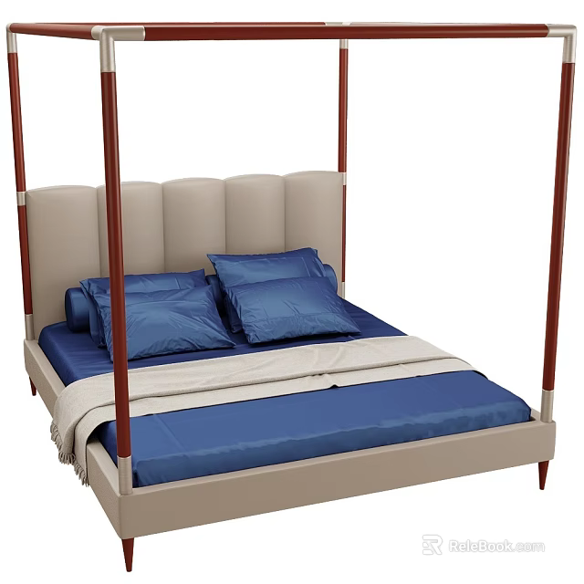 Four Poster Double Bed with Beige Tufted Headboard Blue Bedding and Light Blanket 3d model 