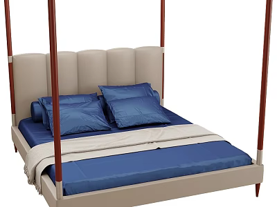Four Poster Double Bed with Beige Tufted Headboard Blue Bedding and Light Blanket 3d model