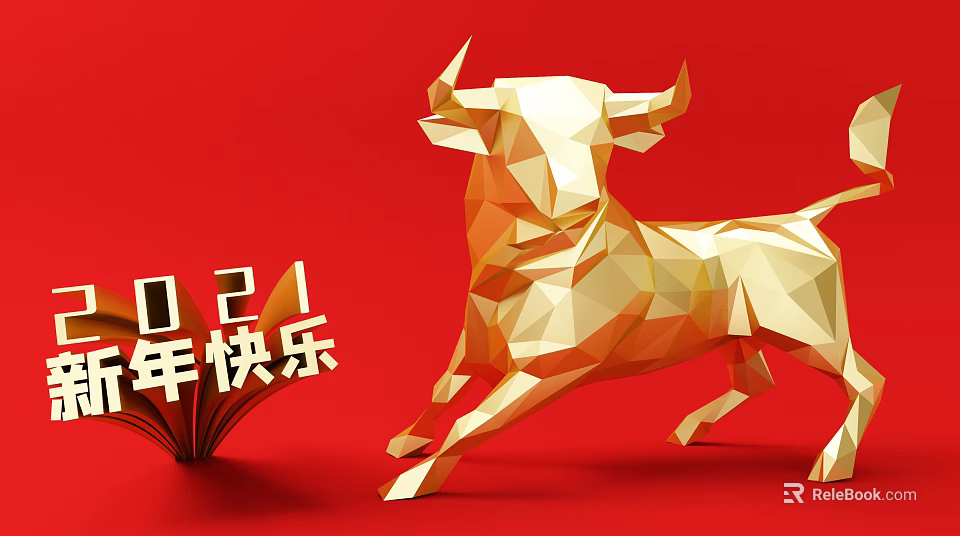 Golden Geometric Bull Sculpture On Red Background For 2021 Happy New Year 3d model 