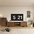 Modern Living Room Interior With TV Stand Decorative Vases Plants And Area Rug