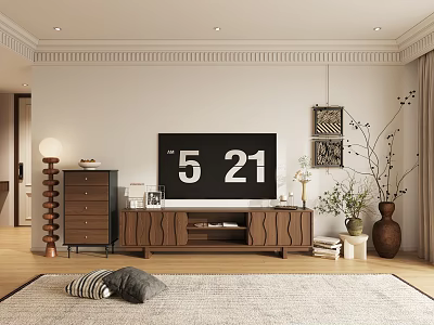 Modern Living Room Interior With TV Stand Decorative Vases Plants And Area Rug 3d model