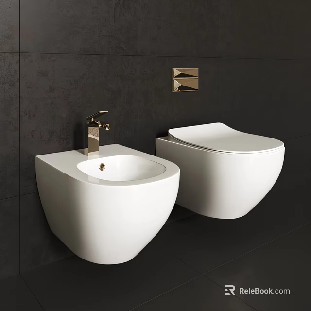 White Wall Hung Toilets In Bathroom With Dark Wall Gold Faucet And Square Metal Decor 3d model 