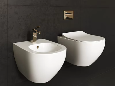 White Wall Hung Toilets In Bathroom With Dark Wall Gold Faucet And Square Metal Decor 3d model