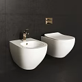 White Wall Hung Toilets In Bathroom With Dark Wall Gold Faucet And Square Metal Decor