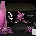 Elegant Banquet Hall With Purple Pink Floral Decorations And Geometric Backdrop Setup