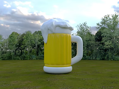 Giant Beer Mug Art Installation With Yellow Body White Foam In Green Field 3d model
