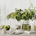 Decorative Ornament Set With Greenery White Flowers Glass Vase Lime Cups Candles And Ceramic Pot