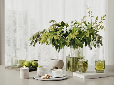 Decorative Ornament Set With Greenery White Flowers Glass Vase Lime Cups Candles And Ceramic Pot 3d model