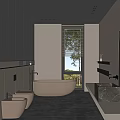 Modern Bathroom Interior With Freestanding Bathtub Toilet Wall Mounted Sink Dark Cabinets And Recessed Lighting
