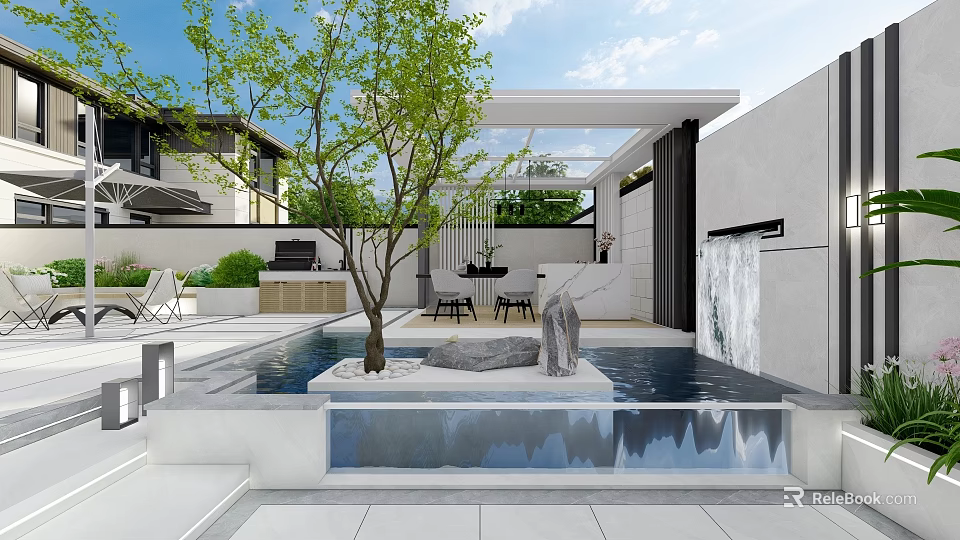 Modern Courtyard Feature Wall With Water Feature Tree And Stone Decorations 3d model