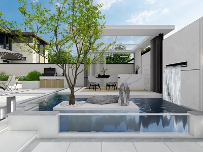 Modern Courtyard Feature Wall With Water Feature Tree And Stone Decorations 3d model