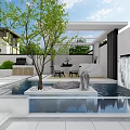 Modern Courtyard Feature Wall With Water Feature Tree And Stone Decorations 3d model
