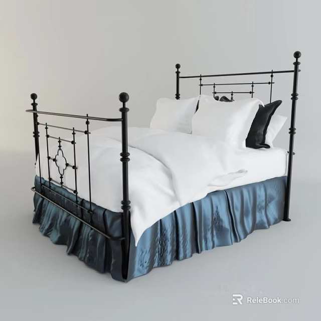 Ornate Black Metal Frame Double Bed With White Bedding And Navy Blue Bed Skirt 3d model 