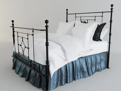 Ornate Black Metal Frame Double Bed With White Bedding And Navy Blue Bed Skirt 3d model