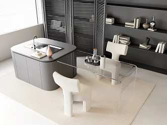 Water Bar Table Nakajima Glass Dining Table Fabric Dining Chair Faucet Sink Kettle Water Cup Bookcase Background Wall Jewelry Ornaments Book Carpet 3d model