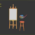 Artistic Orange Easel With White Canvas And Small Stool On Gray Background 3d model